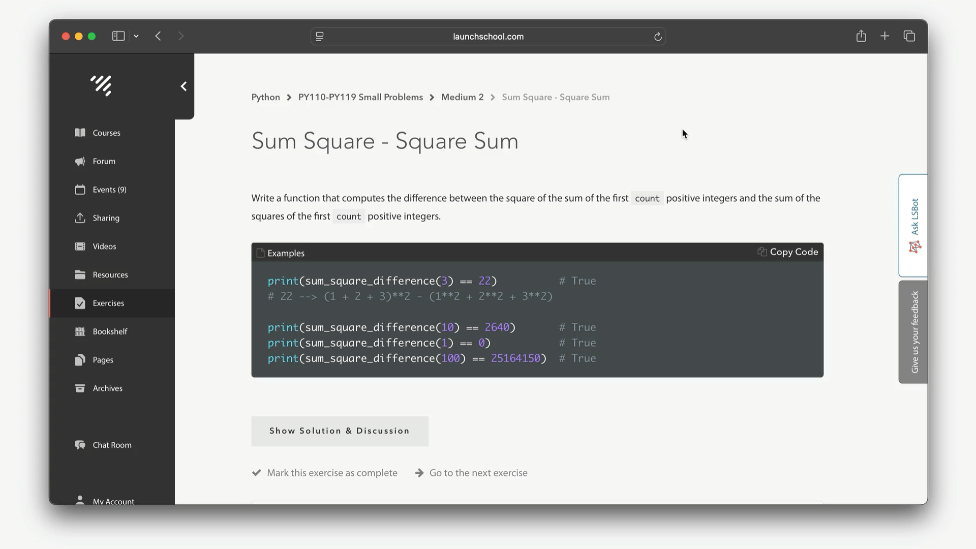 Requesting an LSBot Code Review for an Exercise